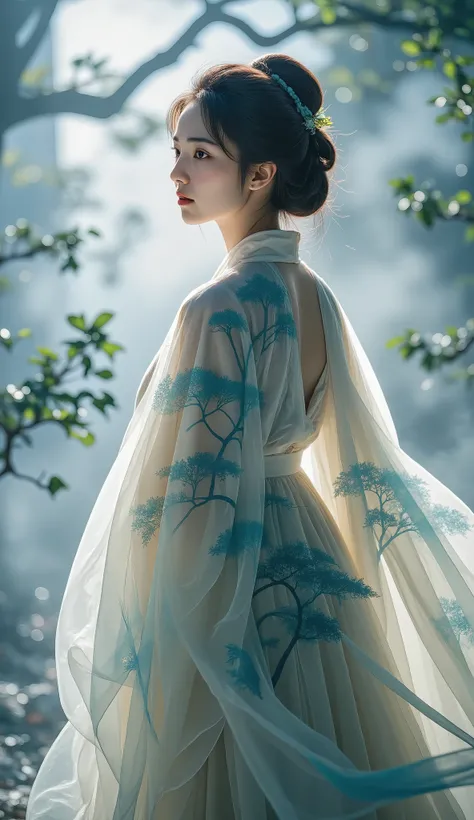 Double Exposure Style, Volumetric Lighting, a girl with Wrap top,arching her back,Traditional Attire,Artistic Calligraphy and Ink,, light depth, dramatic atmospheric lighting, Volumetric Lighting, double image ghost effect, image combination, double exposu...