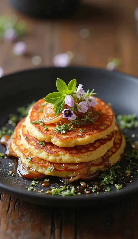 Hgraphic elements, Dynamic Light, Cinematics, HDR, UHD, professional PHOTOGRAPH OF:

Elegant Plating with Textures: Present the French Onion Pancakes on an elegant black plate, artfully arranged with a garnish of microgreens and edible flowers for a touch ...