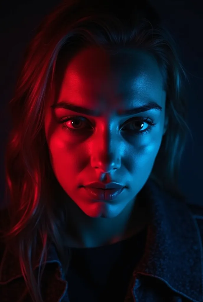 A face partially hidden by the shadow, with a penetrating look and a play of red or blue neon light highlighting the contours of the face. the background is dark, with a light haze or digital glitch effect to give a mysterious and modern aesthetic. The vis...