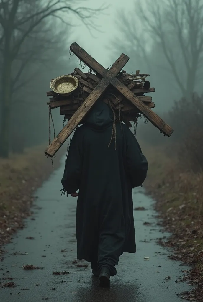 Create Lent image referenced to the image from the movie where the slaveholder carries all his things loaded. I imagine a scene with a person dressed in simple and dark clothes, walking with effort while carrying a large number of symbolic Lenten objects: ...