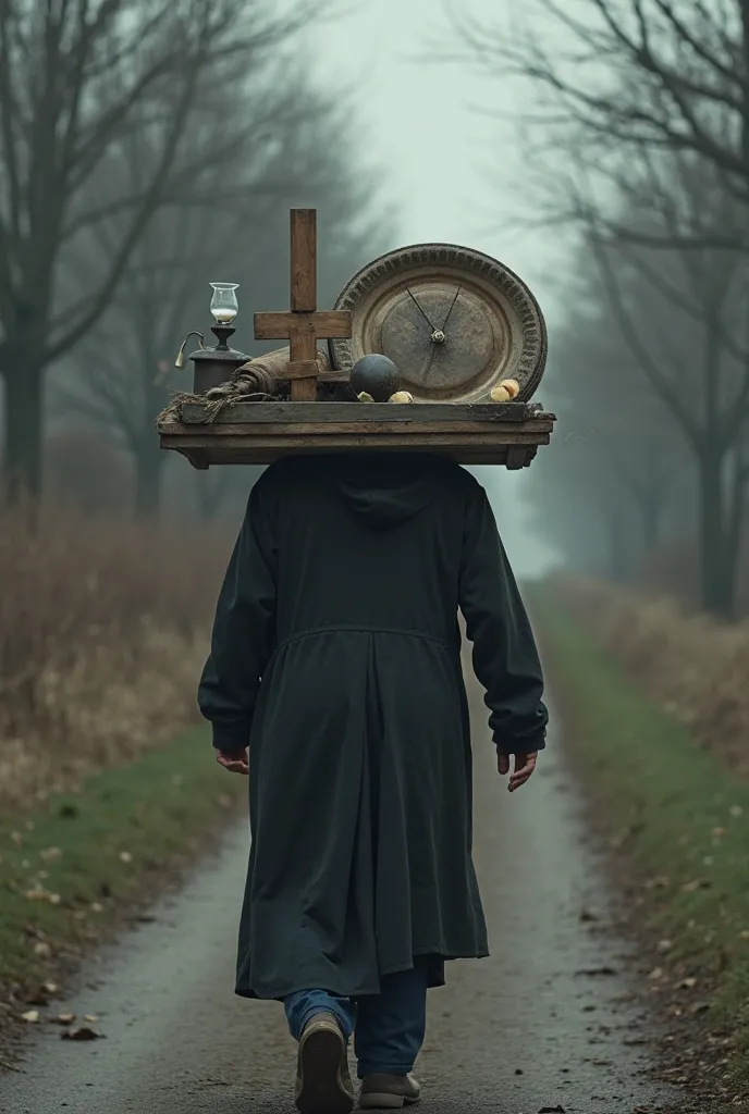 Create Lent image referenced to the image from the movie where the slaveholder carries all his things loaded. I imagine a scene with a person dressed in simple and dark clothes, walking with effort while carrying a large number of symbolic Lenten objects: ...