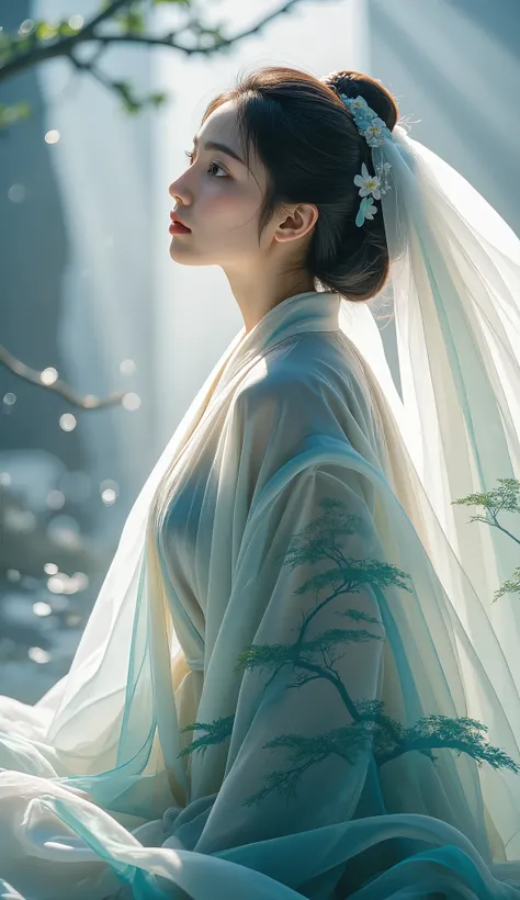 Double Exposure Style, Volumetric Lighting, a girl with Wrap top,arching her back,Traditional Attire,Artistic Calligraphy and Ink,, light depth, dramatic atmospheric lighting, Volumetric Lighting, double image ghost effect, image combination, double exposu...