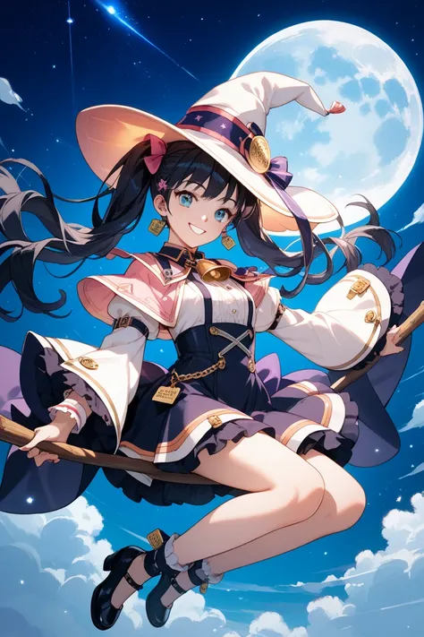 anime、 black hair、、、girls、The Wizard、hat、Flying through the air on a broom、Night Sky、moon、smile