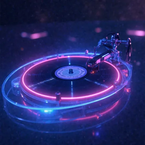 "Retro-futuristic vinyl record floating in space, glowing neon aura, VHS scanlines, 80s synthwave aesthetic, deep blue and purple tones, soft ambient glow, nostalgic and dreamy atmosphere, highly detailed