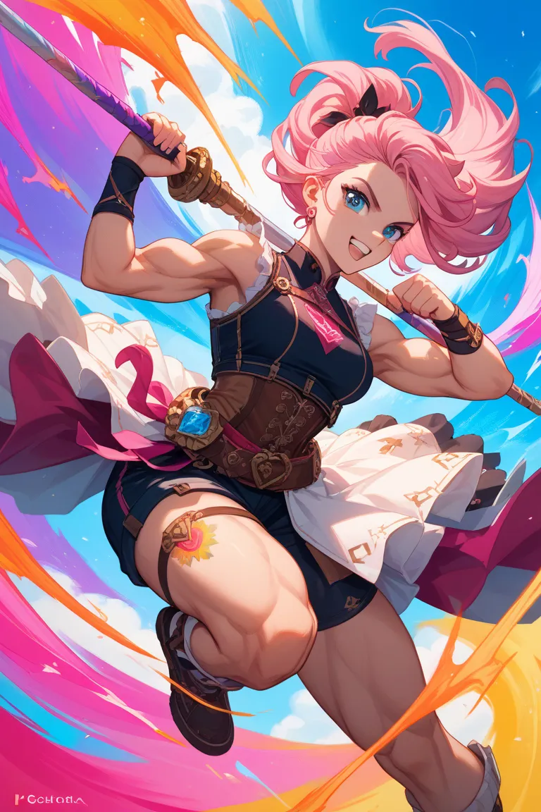 Her hair is pink, muscular, and she wears sleeveless clothes