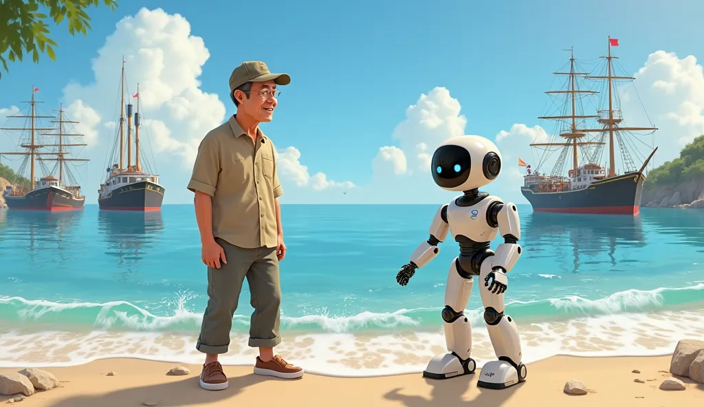 A middle-aged Vietnamese man walks on the shore with a robot ,  Happy watching robot. There are three ships moored at the seaport.. pixar 2d