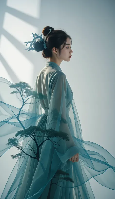 Double Exposure Style, Volumetric Lighting, a girl with Wrap top,arching her back,Traditional Attire,Artistic Calligraphy and Ink,, light depth, dramatic atmospheric lighting, Volumetric Lighting, double image ghost effect, image combination, double exposu...