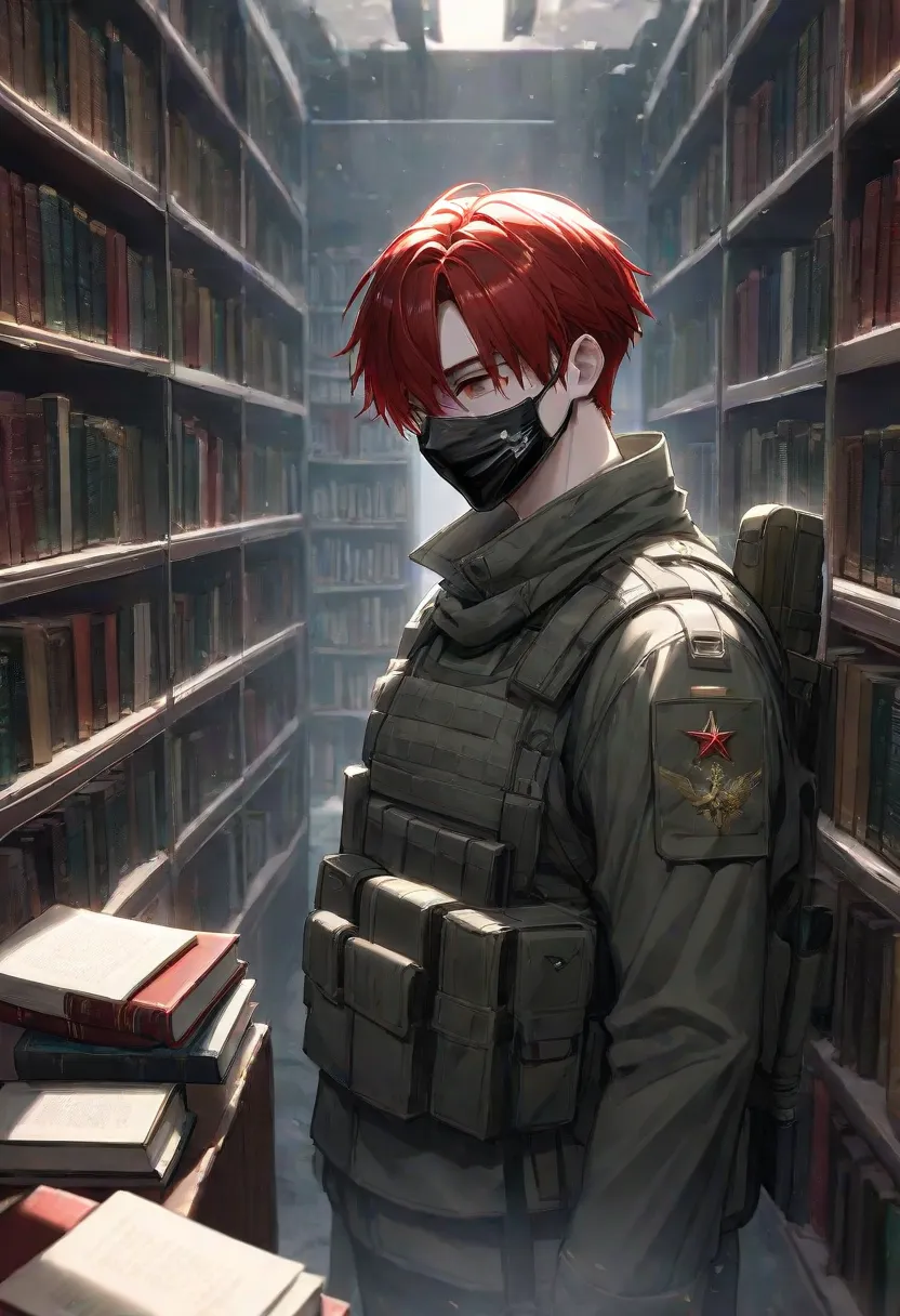  foreign country,   alone, 1 male, ,      red hair , Highlights that are white on the tips of the hair 、   cool atmosphere with lots of books, ,  soldier、  black mask