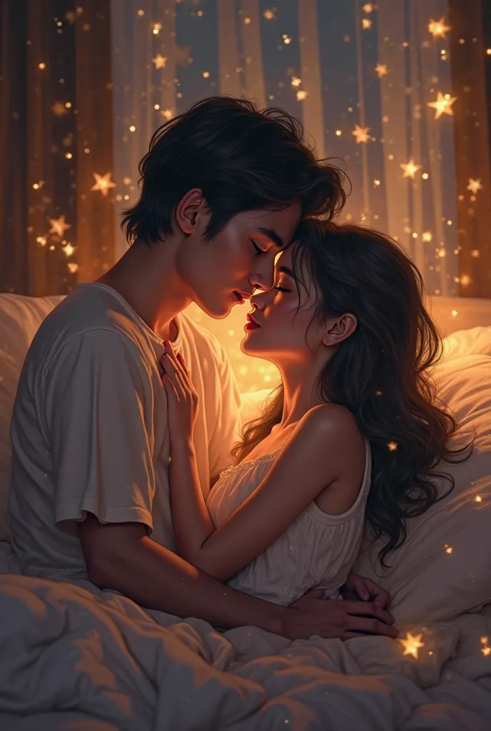   A beautiful girl and a boy were kissing on the bed in a room and some small stars became smaller   