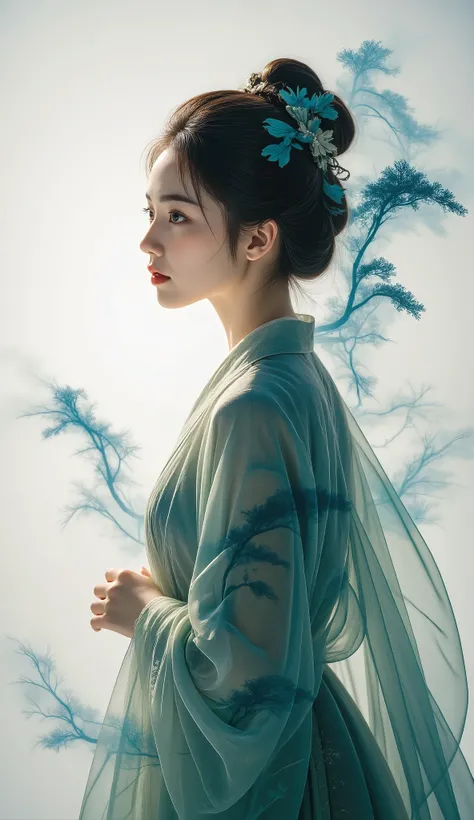 Double Exposure Style, Volumetric Lighting, a girl with Wrap top,arching her back,Traditional Attire,Artistic Calligraphy and Ink,, light depth, dramatic atmospheric lighting, Volumetric Lighting, double image ghost effect, image combination, double exposu...