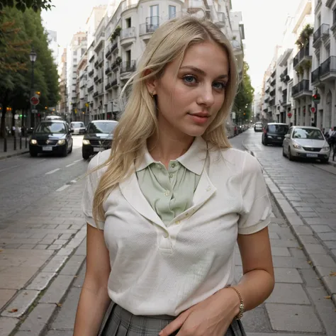 very beautiful girl, 28 years old, blonde, green eyes, wearing a white polo shirt and a grey pleated skirt, in a street of Madrid
