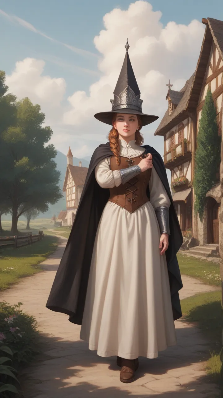 "A dirt road in an old village, with stone houses and dry vegetation in the background. In the center of the scene, a thin woman with simple robes and a dark cloak covers part of her face.