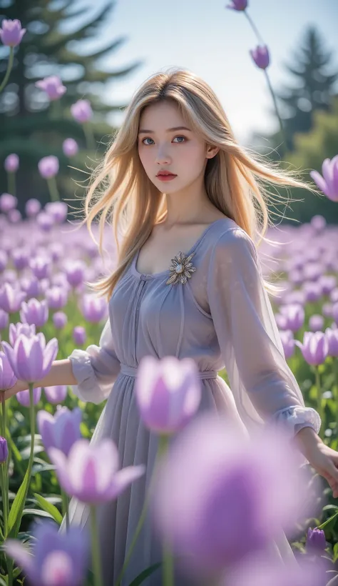 (dynamic angle:1.3),close extremo,windy,cinematic highlight,1 girl,stem,Dancing,looking at the spectator, violet_perennial garden, Alone, joy, blank eyes,brooch, blonde_Hair,( vevry long Hair:1.2),floating Hairlong_Sleeves, hair, blue_eyes, jacket, dress,...