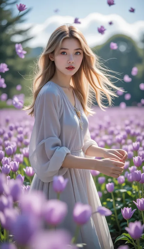 (dynamic angle:1.3),close extremo,windy,cinematic highlight,1 girl,stem,Dancing,looking at the spectator, violet_perennial garden, Alone, joy, blank eyes,brooch, blonde_Hair,( vevry long Hair:1.2),floating Hairlong_Sleeves, hair, blue_eyes, jacket, dress,...