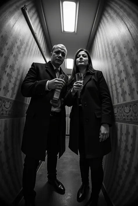 A black and white fisheye lens photograph of two PERSON standing in a narrow hallway. They wear CASUAL coats, one holding a bottle of alcohol and the other holding a glass. The scene has a vintage, Soviet-era aesthetic, with dim hallway lighting and textur...