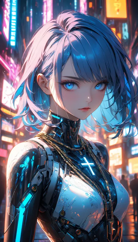 super realism、Hyperrealistic One Girl. Cyberpunk
(青いhair.Blue Eyes.) cross necklace. hair,  複数の馬鹿なhair ,  expressionless、
(jacket )( Wear a cybertech suit)
amazing, sparkle,  particle , Shine,human