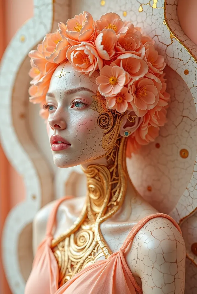   Unfolding  Recursive face , Beautiful Kissable Peach  Lips,  Hair made of Vibrant Peach  and Golden  Strings curved as Beautiful flowers ,  Peach   colour in the cracked Skin with Golden Vires through her Face  , her Sholders and Neck Transparent and Gol...