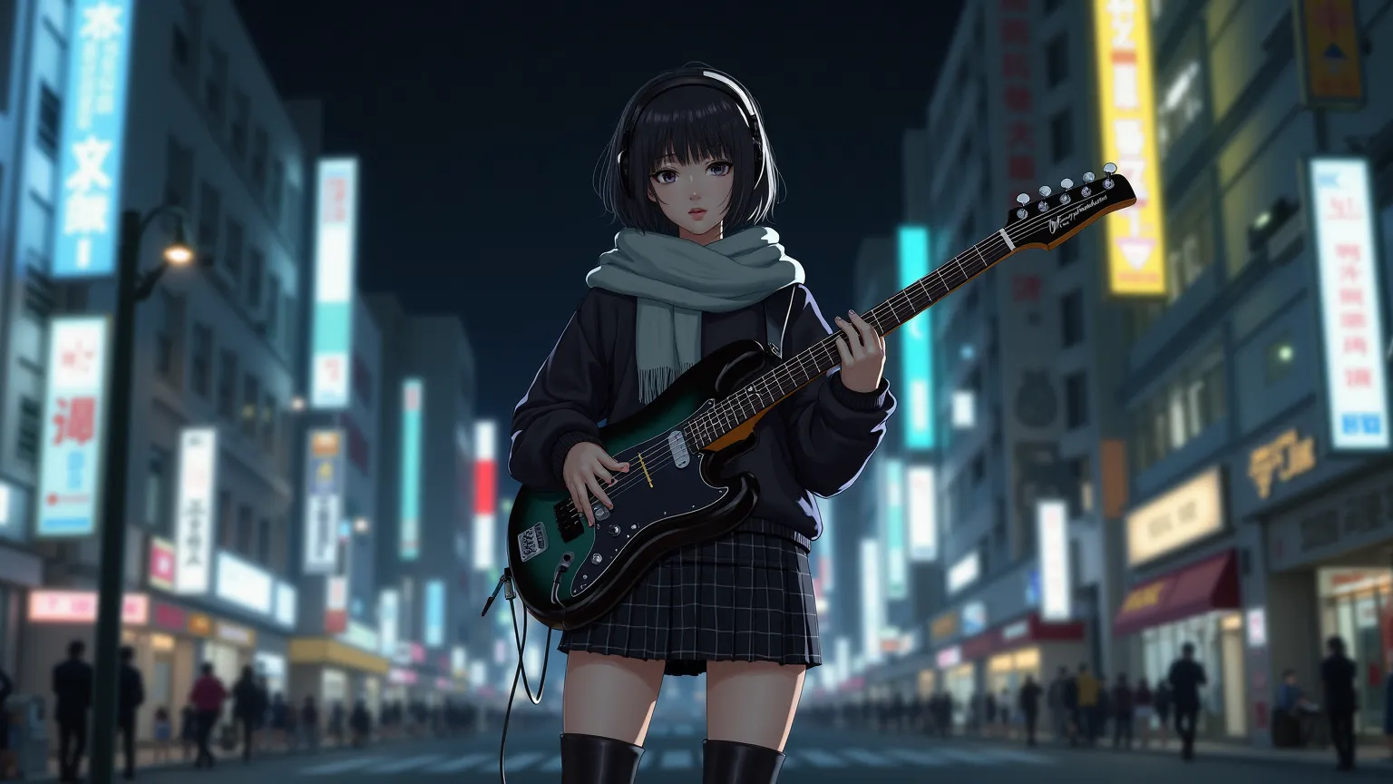 1 japanese, she on the floor, guitar on playing, One girl, long legs, 7-body ratio, anatomically correct, bob hair, Japanese, Tokyo, night, holding electric guitar, wearing headphones, almond-shaped double eyelid eyes, thick lips, wearing black hoodie, wea...