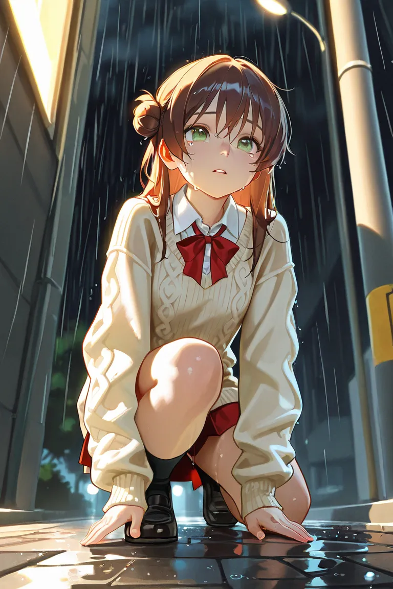 Girl, solo, brown hair, bun behind, white dress shirt, red school ribbon, beige knit, green eyes, crying, hands on the ground, perspective from below, rain