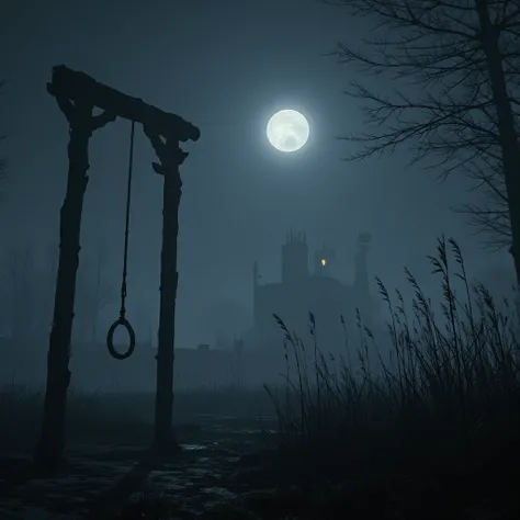 Create a highly detailed, eerie, and atmospheric image of a gallows with a rope noose in the middle of the prison yard at night under full moon. The scene is set in a desolate, foggy field under a dim, pale moonlight. The gallows are old and weathered, wit...