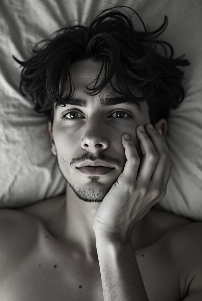 21-year-old man with black hair and grey eyes, no beard, lying on a bed, holding a camera in his hand and placing one hand on his cheek.But he didn't take it from a distance, he took it from a close-up. Also, the camera light hits his face. The man is sexy...