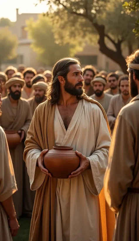 
**"A highly realistic scene of Jesus Christ in an ancient villa, surrounded by humble people in simple attire. He holds clay pots filled with pure olive oil, ready to be distributed to those in need. His gaze is serene and compassionate, transmitting love...