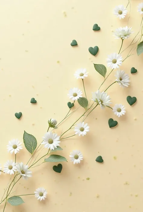  Create a picture for me. The background should be beige and there should be 14 small dark green hearts on it. Add small white daisies make the daisies more realistic 