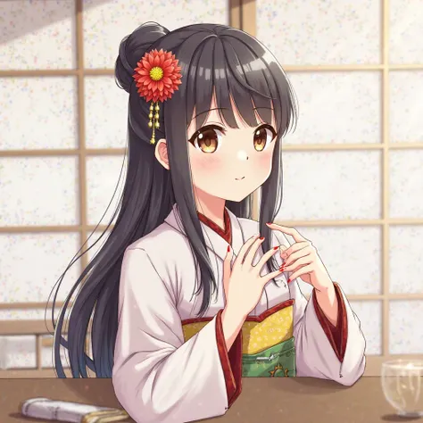 1girl,solo,flower,hair ornament,hair flower,long hair,black hair,earrings,jewelry,red flower,looking at viewer,bangs,long sleeves,wide sleeves,sash,indoors,japanese clothes,upper body,kimono,closed mouth,brown eyes,hands up,hair bun,obi,nail polish,yellow ...