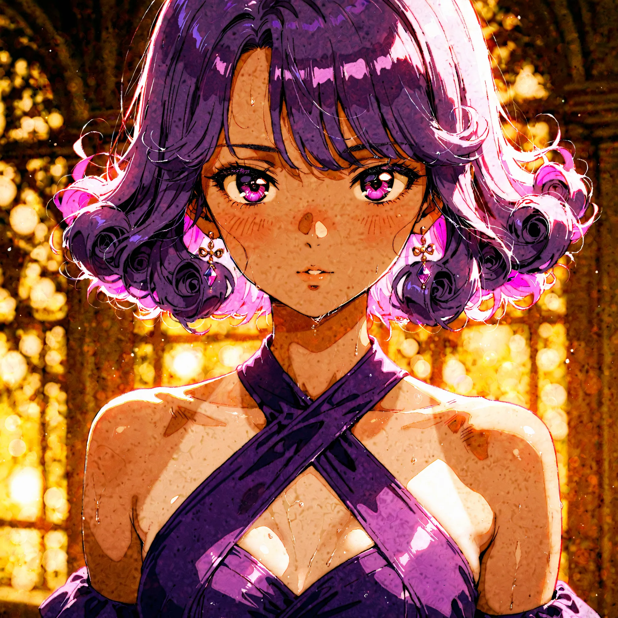 1girl, medium large breasts, curly purple hair, tan, purple dress, looking to the side, 1980s style, ,, masterpiece, best quality, amazing quality, detailed background, intricate details