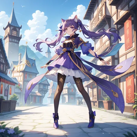 anime-style illustration, masterpiece, 1girl, long purple hair, styled in a way that resembles twin tails(cat-ear-like) tied in the back, vibrant purple eyes, gold ornaments in her hair, blue-purple, Chinese-style top with gold embellishments, short frilly...