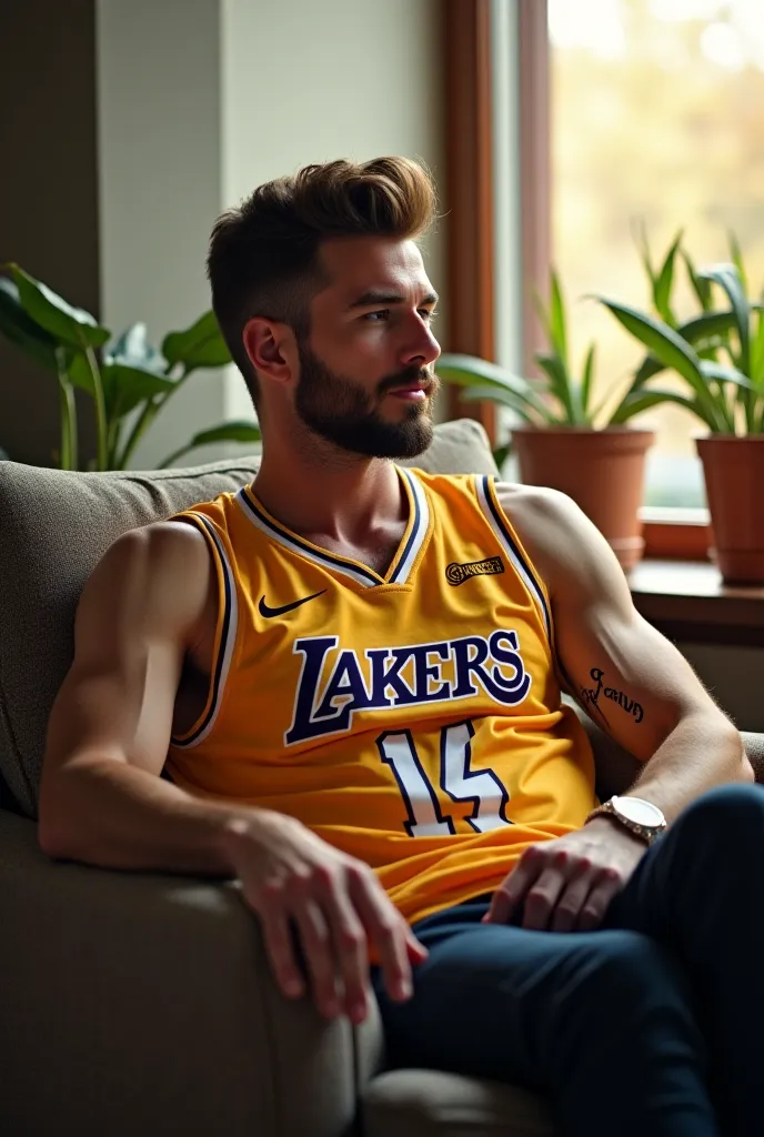 (Photorealism:1.2),  handsome man, sitting on a chair,   wearing a Lakers jersey  ,  hairstyle like David Beckham's in 2016 ,  inside the house, soft lighting,  plants in the background,  window with sunlight ,  cozy room, relaxed pose, looking forward, Re...