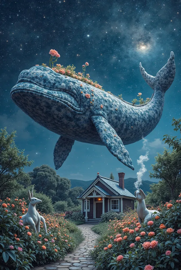 Imagine a colossal whale floating in a sky filled with stars and constellations that transform into flowers. Its back is covered with a lush garden where marble statues of extinct creatures pose among luminescent flora. A small cottage sits at the garden's...