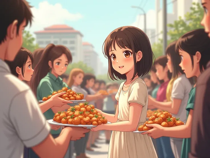 Girl standing in front of the people and giving food to people side view anime style