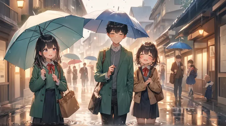 (masterpiece、 High Quality 、 high image quality、4K、8k、 Details、）Rainy Day、 romantic and gentle scene where two cute high school students share an umbrella。 boys wear 、 holding an umbrella with one hand while leaning slightly towards the girl so it doesn't ...