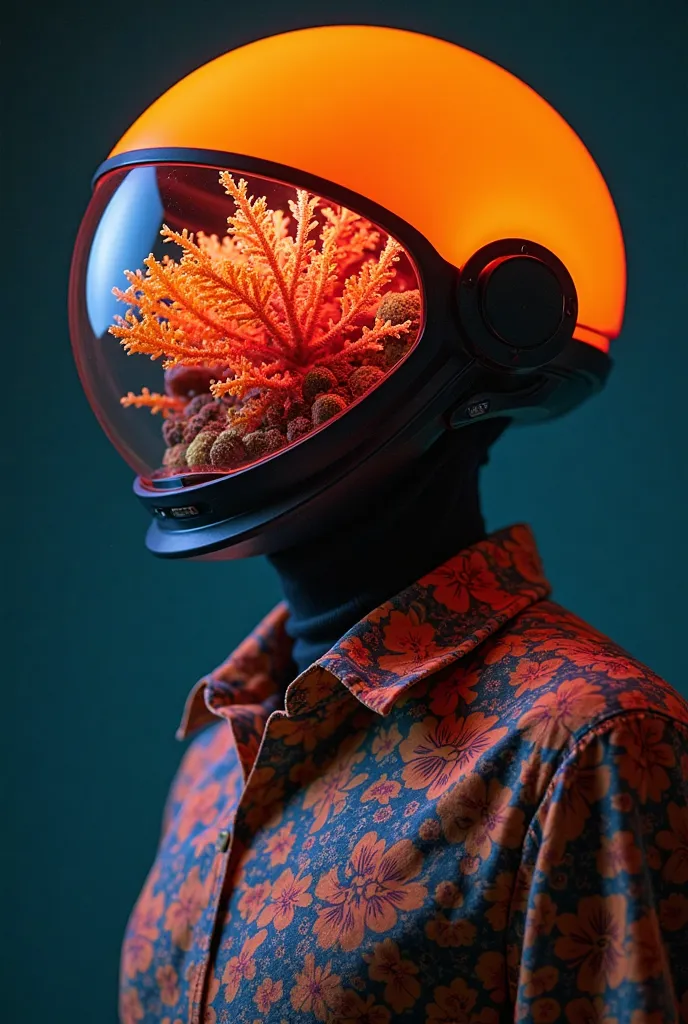 Striking portrait of a person wearing a futuristic helmet filled with a vibrant, glowing plant. The helmet, bright orange, contrasts vividly against a dark background. The person is dressed in a floral shirt that echoes the colors of the coral, creating a ...