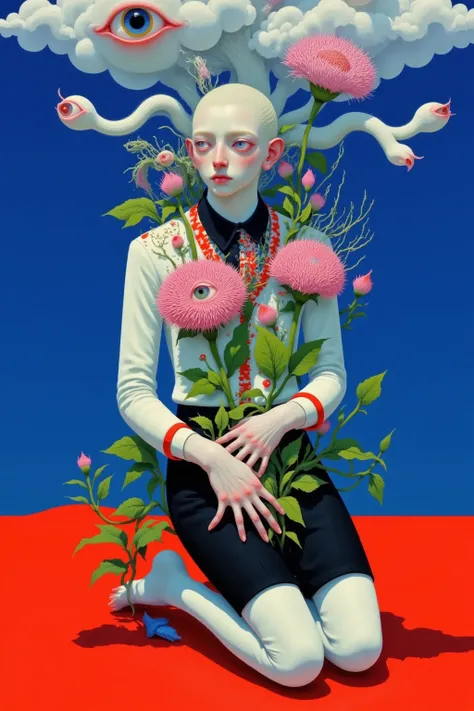 A painting of a man sitting on a red surface blooming with flowers, Surrealist Paintings by Hiroshi Yamagata, tumblr,  pop surrealism,  James Jean  andrei riabovitchev, style of  James Jean , in style  James Jean ,  Yuri Schweidorf and Tom Bagshaw,  James ...