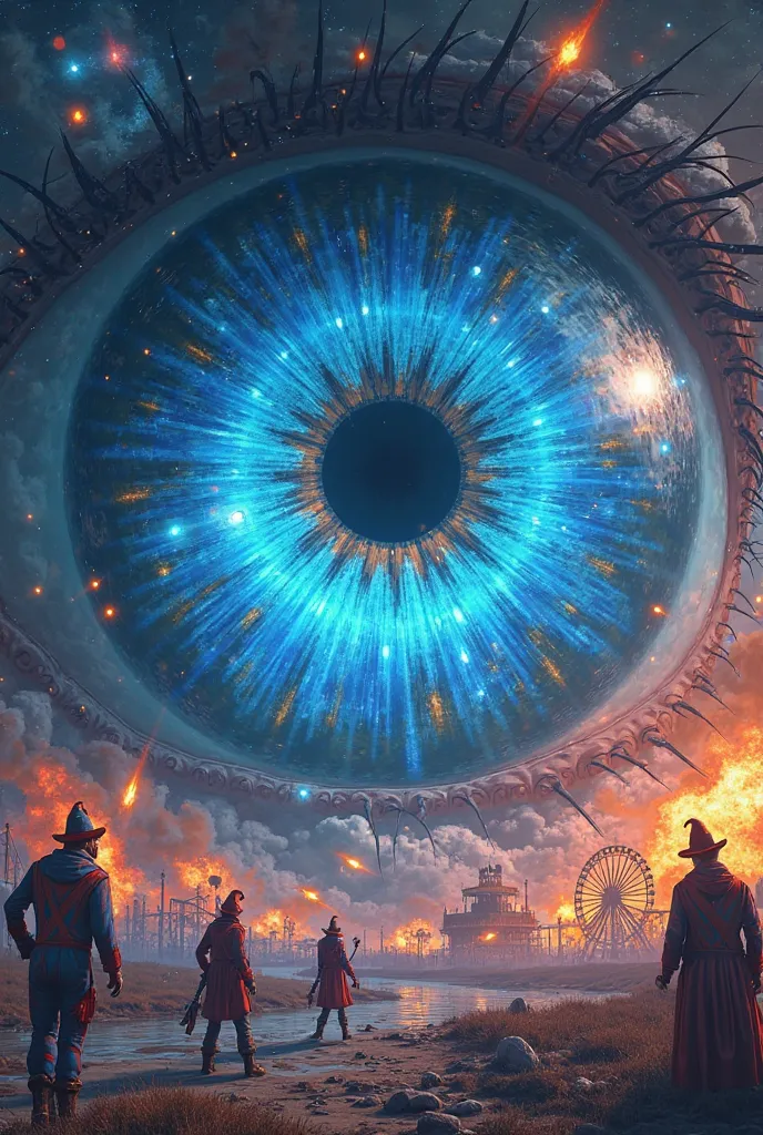 Create R a giant eye with a bright blue retina, reflecting images of a chaotic future, With explosions, an amusement park and clowns with firearms in the background, several planets, meteors and shooting stars