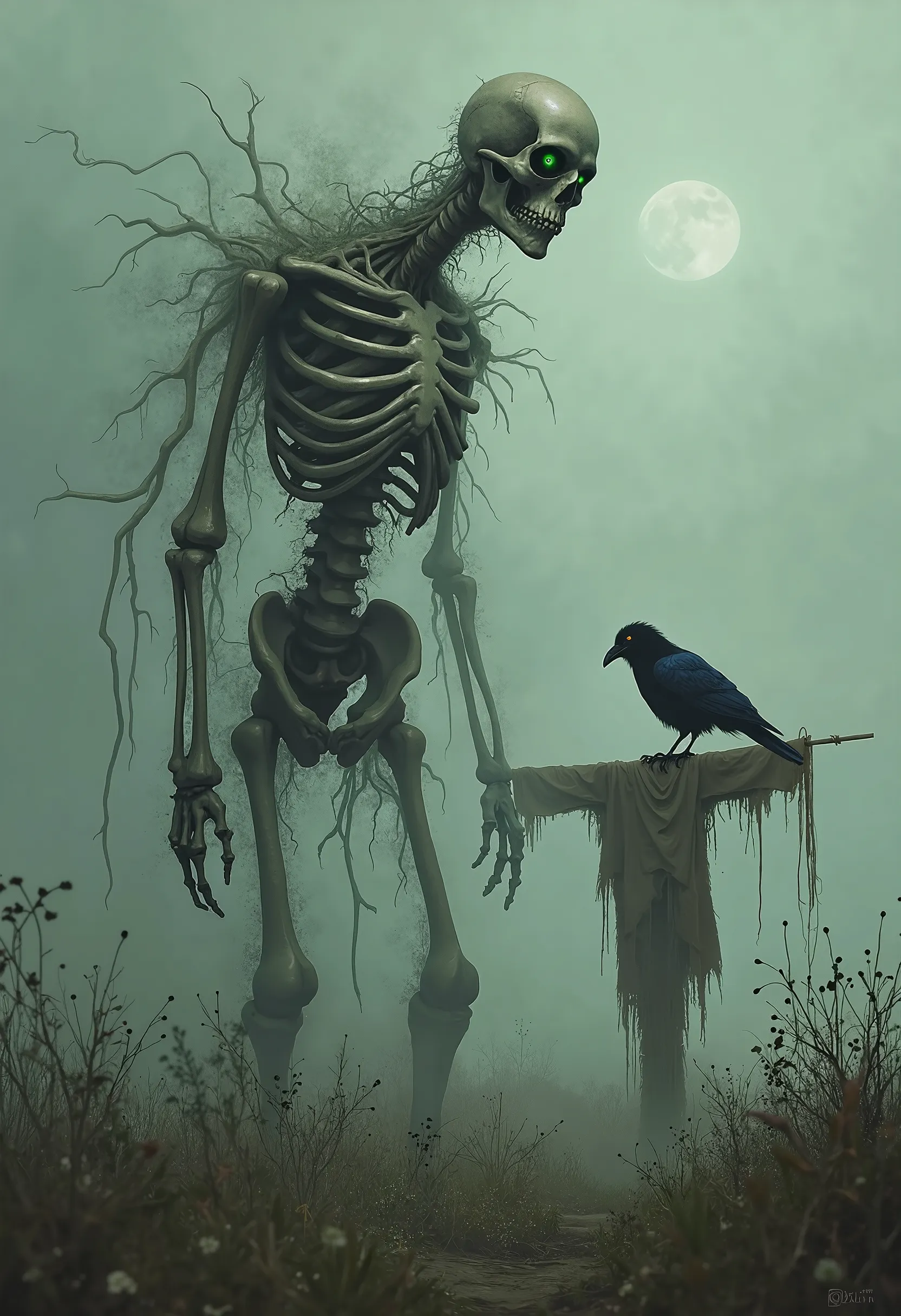 The  of bones:in a dark and sinister meadow with an old scarecrow where a huge black crow with terrifying green eyes rests a  with fine bones as legs and arms he has very fine bones he has a sad and dark look and he has a sad and dark look and we have far ...