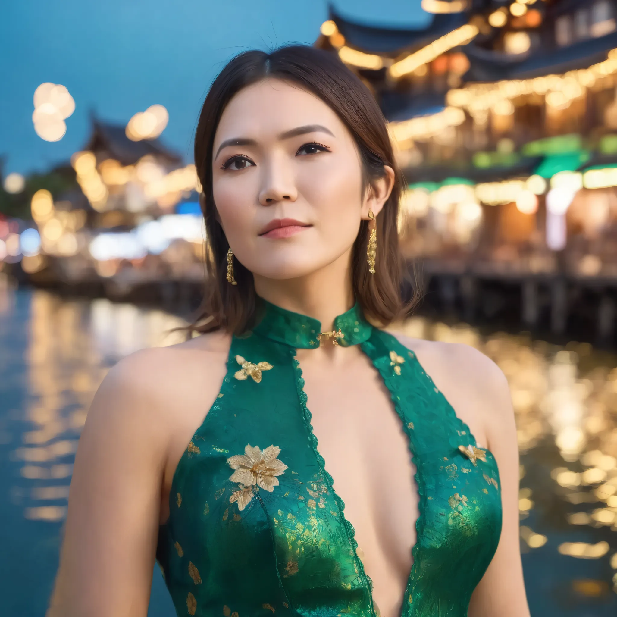 best quality, highres, 8k, masterpiece, photography, detailed midbody photorealistic portrait. At Clarke Quay’s riverside, Mandy Moore showcases a deep emerald green cheongsam-inspired lingerie ensemble, featuring a high-neck lace bralette with floral embr...