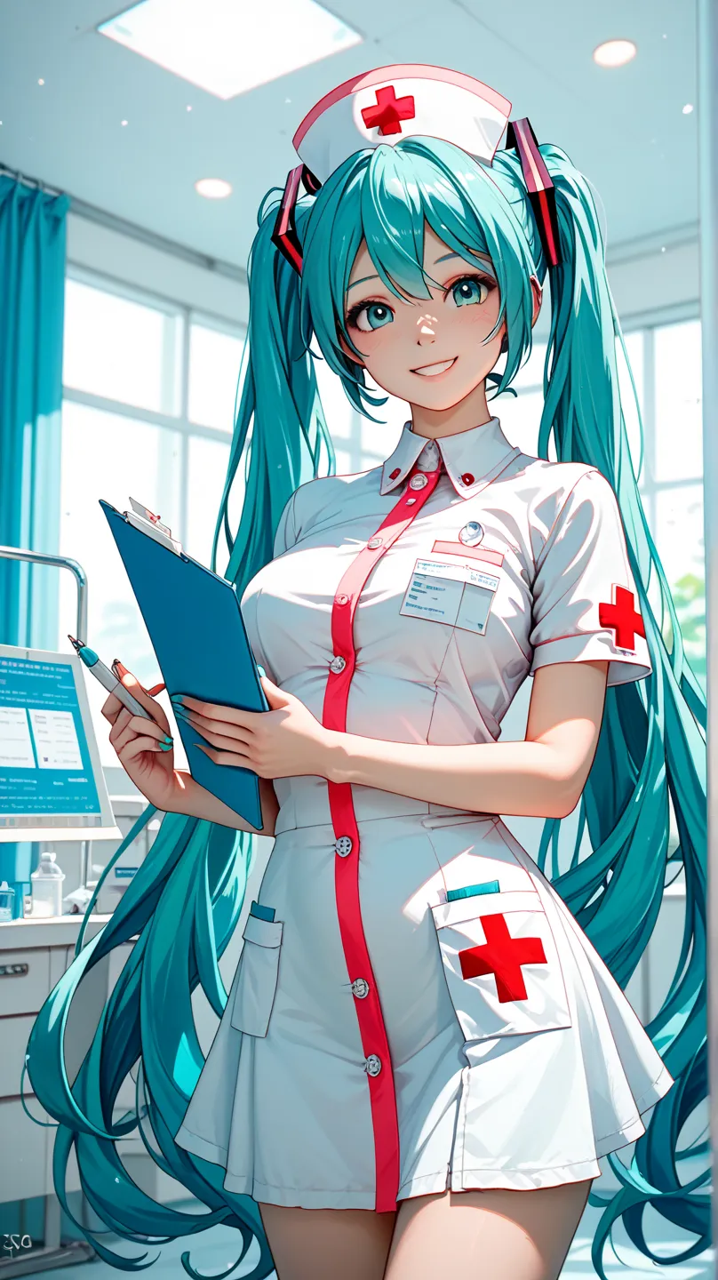 (masterpiece, best quality:1.2), 1 girl, Alone,standing_, Hatsune Miku, smile, nurse clothes,  hospital background, White lighting, Soft Bokeh, vivid colors, 4K realistic with lots of detail,  Traditional Illustration 