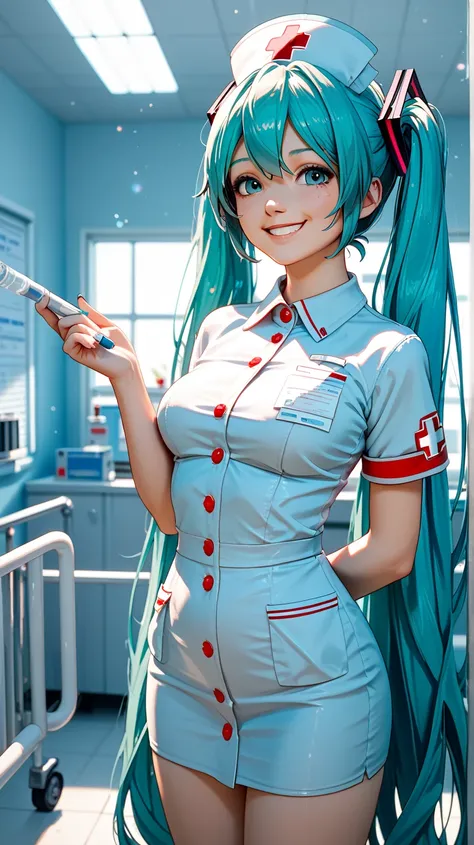 (masterpiece, best quality:1.2), 1 girl, Alone,standing_, Hatsune Miku, smile, nurse clothes,  hospital background, White lighting, Soft Bokeh, vivid colors, 4K realistic with lots of detail,  Traditional Illustration 