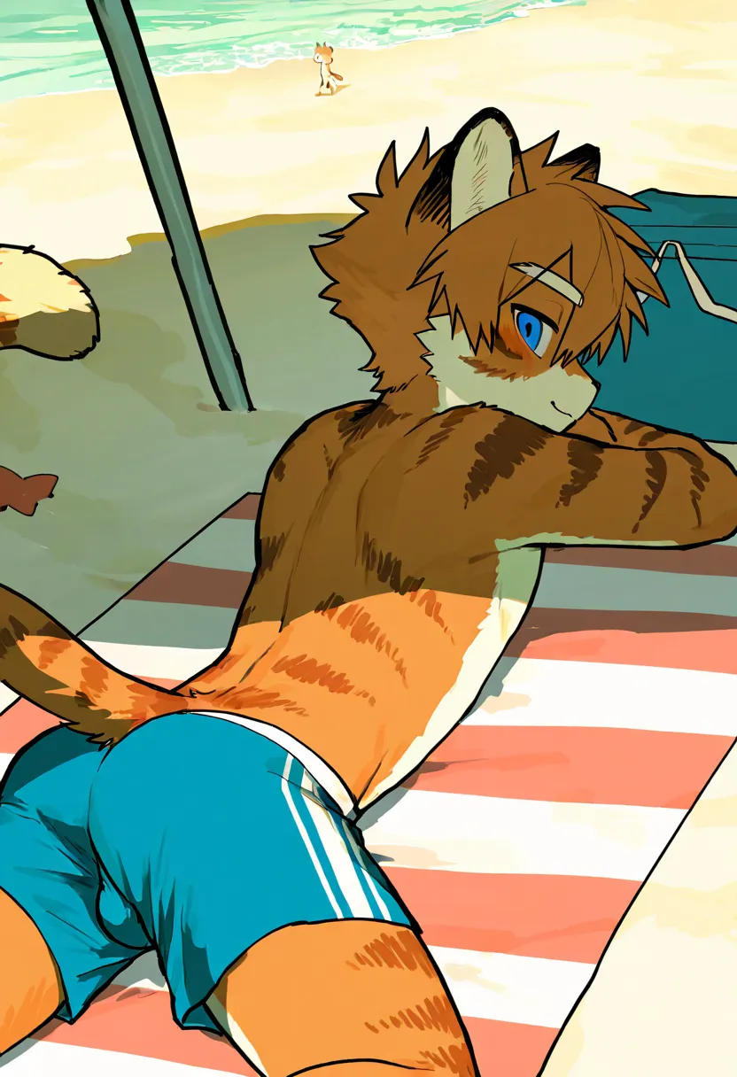 Fraction_9,Fraction_8_up,Fraction_7_up,Fraction_6_up,Fraction_5_up, source_ furry, hadrian , furry male， elementary school students，Cubs, Detailed Background ，beach，((boy)), cat boy, Brown fur, blue eyes，Swimming trunks , lying on her back, lounging, sexy ...