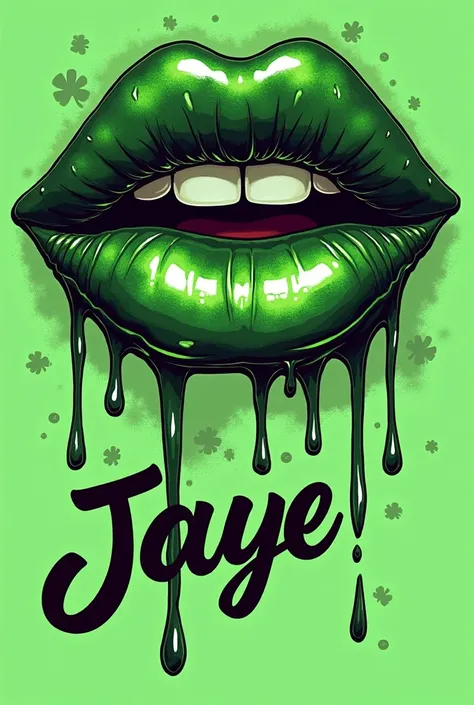 A vibrant and colorful illustration of glossy lips. The lips are painted in (SHAMROCK) print. The  lips are dripping with a (GREEN) color. The word “Jaye” is in a banner underneath the lips. the background has (IRISH).