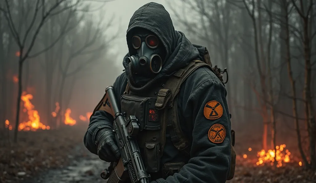 create an avatar for the Dayz Stalker server Dark, dark with clouds of explosions and mysterious anomalies that are common to the world of STALKER Dark and dusty turns with the addition of atmospheric lighting effects, Stalker in a gas mask and exoskeleton...