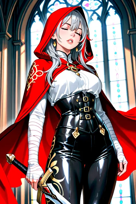 A woman with gray hair, in a red hood and black clothes,  holds a sword .  She is depicted in profile, is slightly turned towards the viewer.  Her eyes are closed with red bandages.  She is wearing a leather corset and leather pants.  White bandages.  She ...