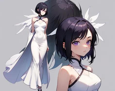 One woman, dynamic ,whole body, concept art, Character design, black hair , sharp eyes ,  white wedding dress , purple eyes, Stylish, simple grey background , details ,  Cool look , short hair,  with narrow eyes  ,Emphasized body lines