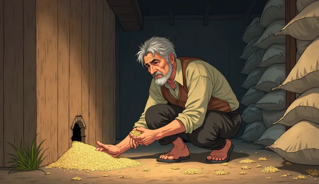 (Highest quality, masterpiece, High resolution)、4K Anime Art、Soft Light, A middle aged farmer crouching near his rice stockpile with a serious expression, carefully inspecting a small hole in the wooden wall. He holds a handful of rice, realizing that some...