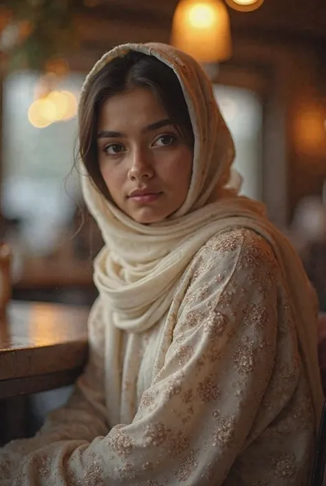 (photorealism:1.2), a beautiful age Bangladeshi girl, sitting at restaurants looking beside , wearing a borka and off white hijab, pajama pants, indoors, soft lighting,,, cozy room, relaxed pose, realistic, intricate details, warm colors, close shot 