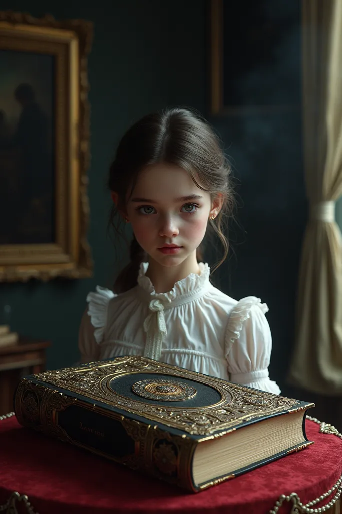 Create the cover of a book called Die Elf Generationen, with a girl in the background and the book book looks like something luxurious and mysterious