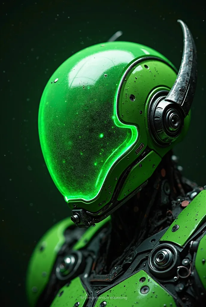 a close up of a green robot with a black background, A Minecraft, Inspired by the super bomberman, bio - mech face, in a horned helmet,  greenish tint ,  complete object in the medium , generada de manera procedural, in opal armor,  filled with green liqui...